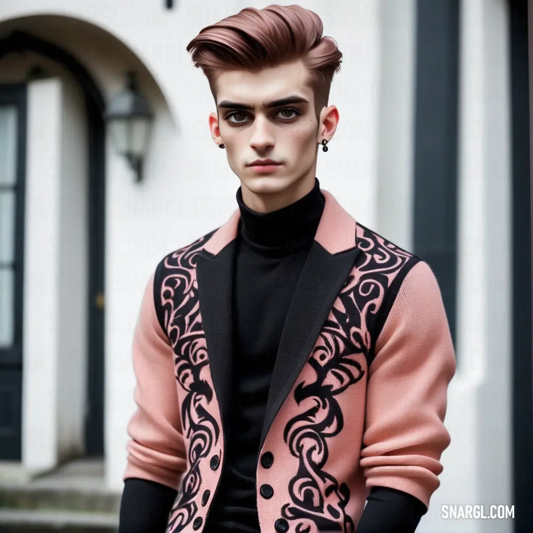 Man with a pink and black jacket and black pants and a black turtle neck sweater. Example of #F4C2C2 color.