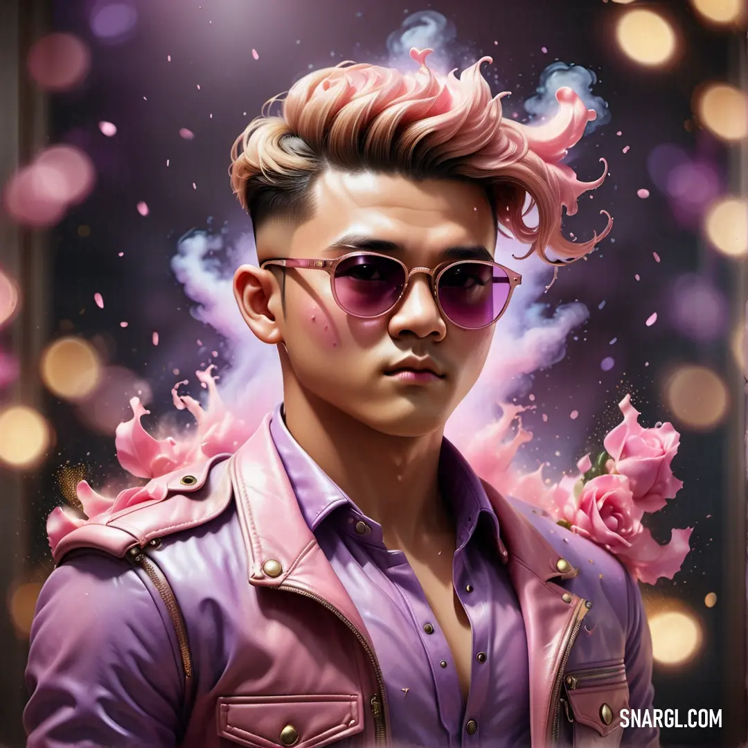 Man with pink hair and sunglasses on a purple background with pink flowers and bubbles around him. Color #F4C2C2.
