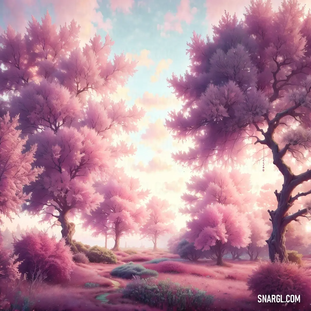 Painting of a pink forest with trees and a path leading to a hill with a sky background and clouds