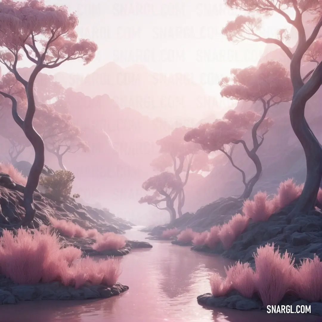 Painting of a river surrounded by trees and bushes in the mountains with pink flowers on the banks