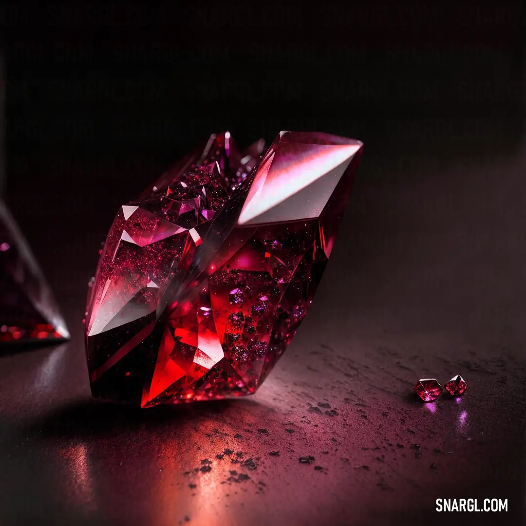 Pink diamond with a red center surrounded by other pink diamonds on a black surface with a red light. Color #F4C2C2.