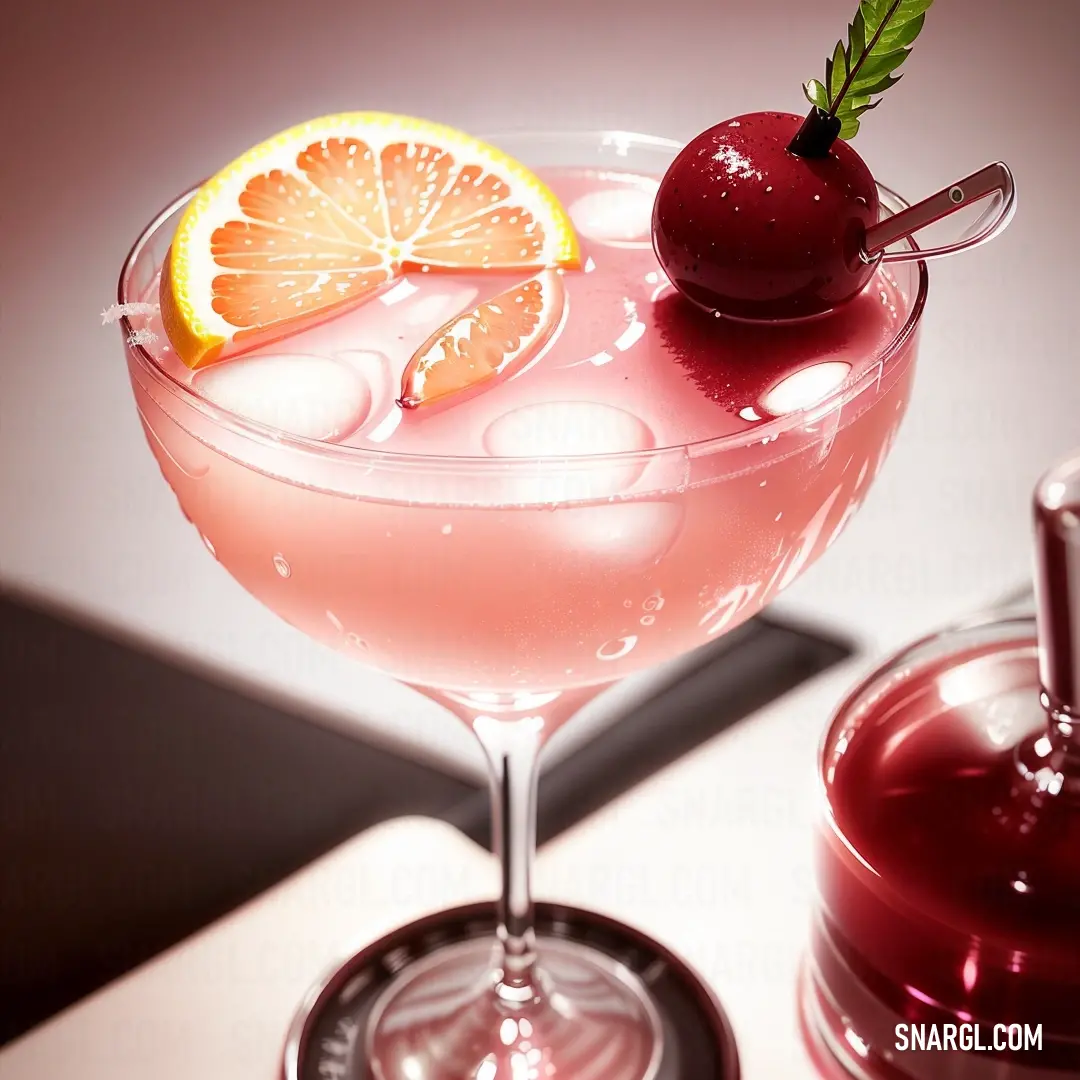 Pink drink with a garnish garnish and a cherry on the side of the glass