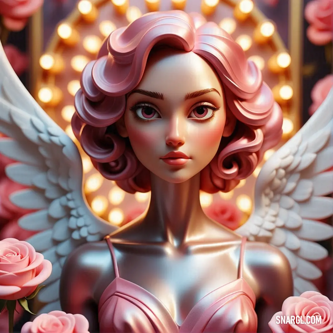 Woman with pink hair and angel wings surrounded by roses and lights in a mirror frame with a mirror behind her