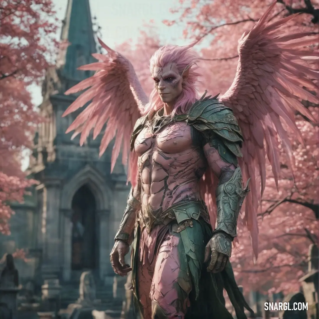 Woman with pink hair and wings standing in front of a cemetery. Example of #F4C2C2 color.