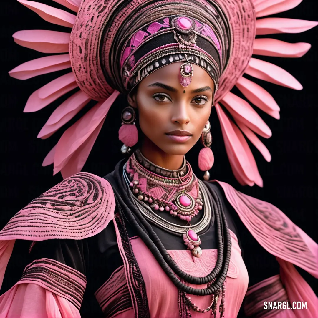 Woman in a pink and black costume with feathers on her head and a pink headdress on her head. Color Tea rose.