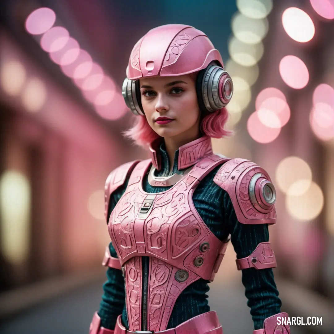 Tea rose color example: Woman in a pink suit and headphones standing in a hallway with lights behind her