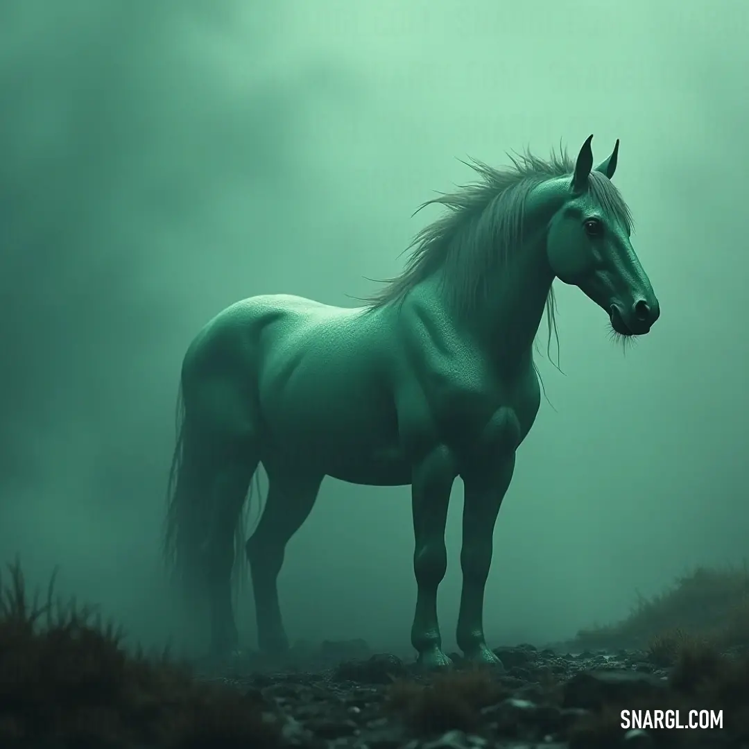 Teagan captured in a serene pose atop a foggy hill, enveloped in a mystical ambiance that highlights its graceful stature. Teagan stands proud on a misty hill, its silhouette partially obscured by fog, embodying tranquility as its tail gracefully arches, enhancing the ethereal atmosphere of the scene.