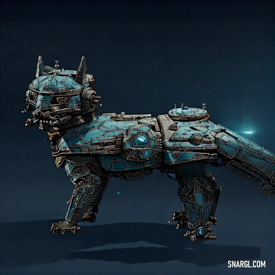 Blue dog made of metal on a dark background with a light shining on it's side