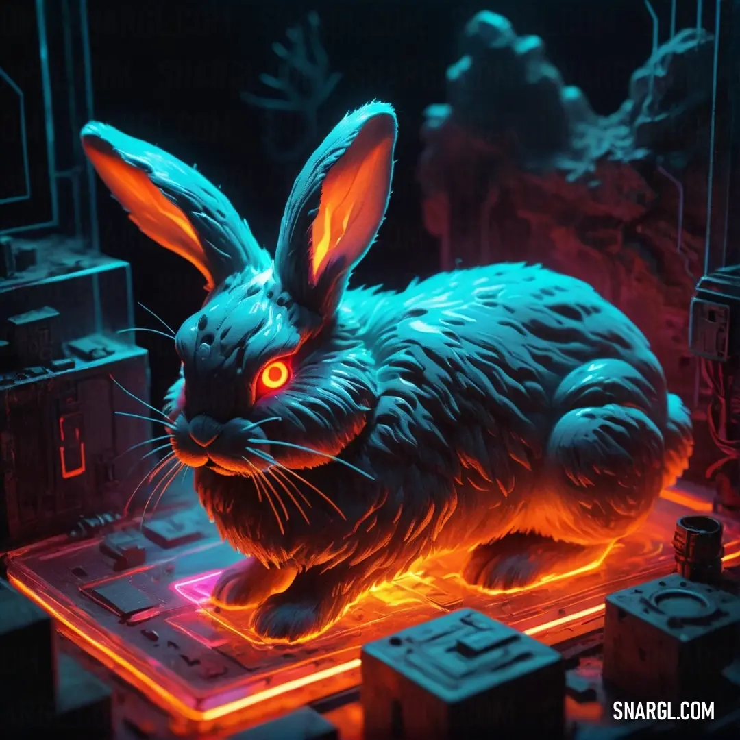 Glowing rabbit on top of a computer keyboard in a dark room with neon lights on it's sides. Color Teal blue.