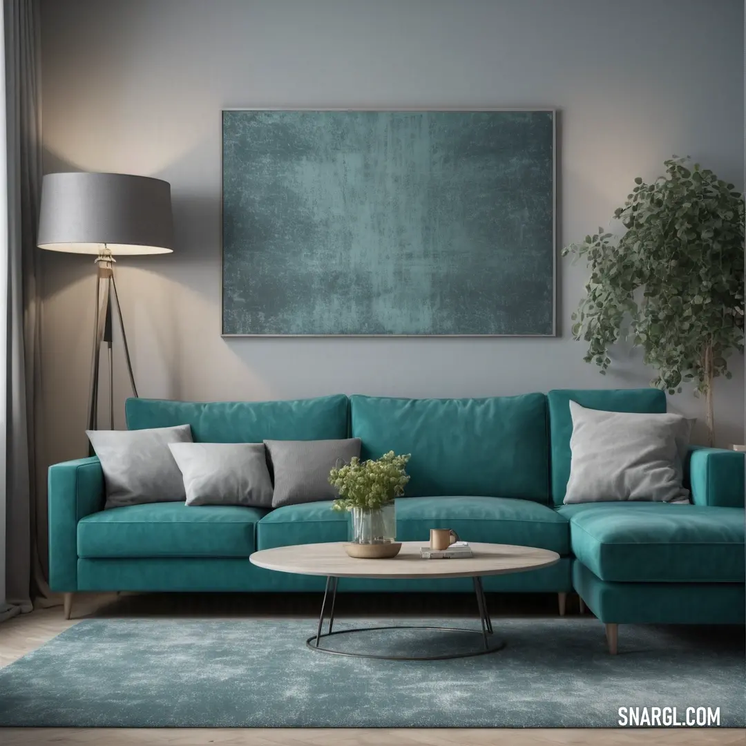 Living room with a blue couch and a table with a plant on it and a large painting on the wall. Example of #367588 color.