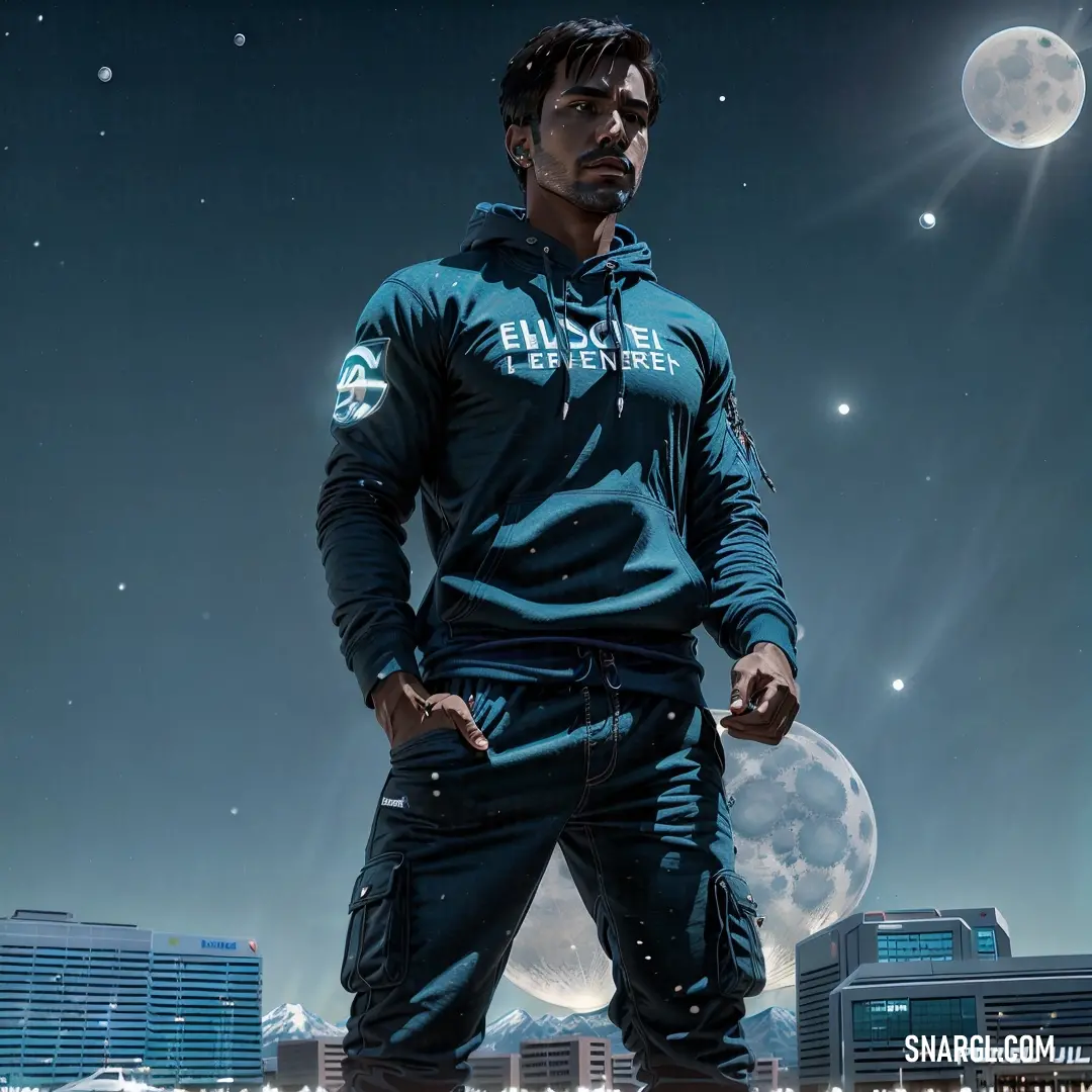 Man in a blue suit standing in front of a full moon and cityscape with buildings in the background