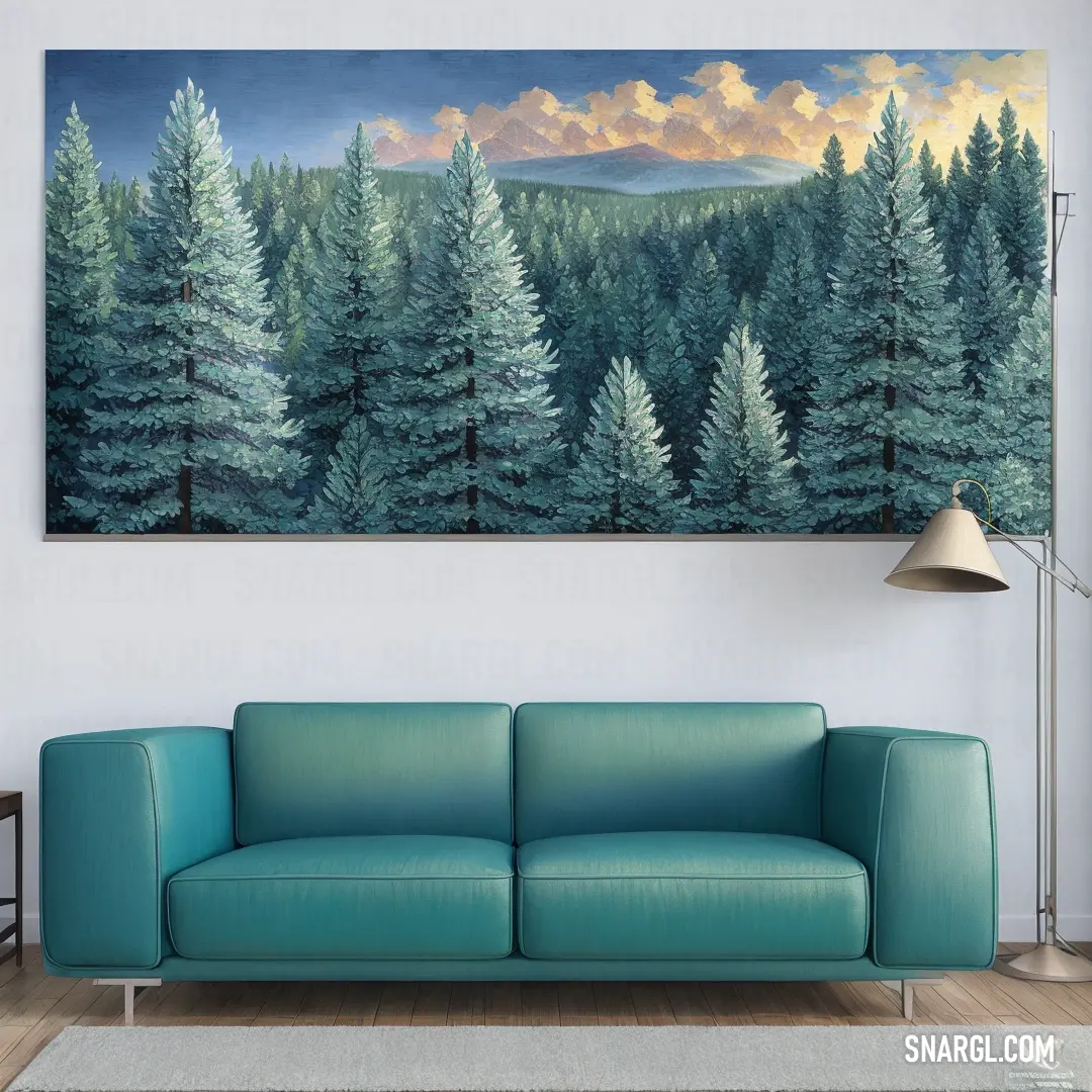 Painting of a forest with a mountain in the background. Example of RGB 54,117,136 color.