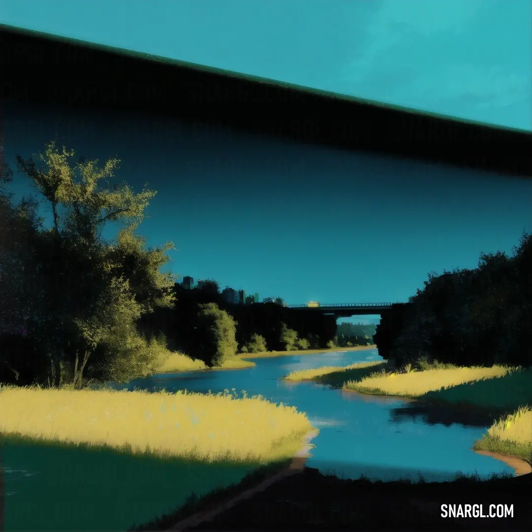 Painting of a river running through a lush green field with a bridge in the background. Example of #367588 color.
