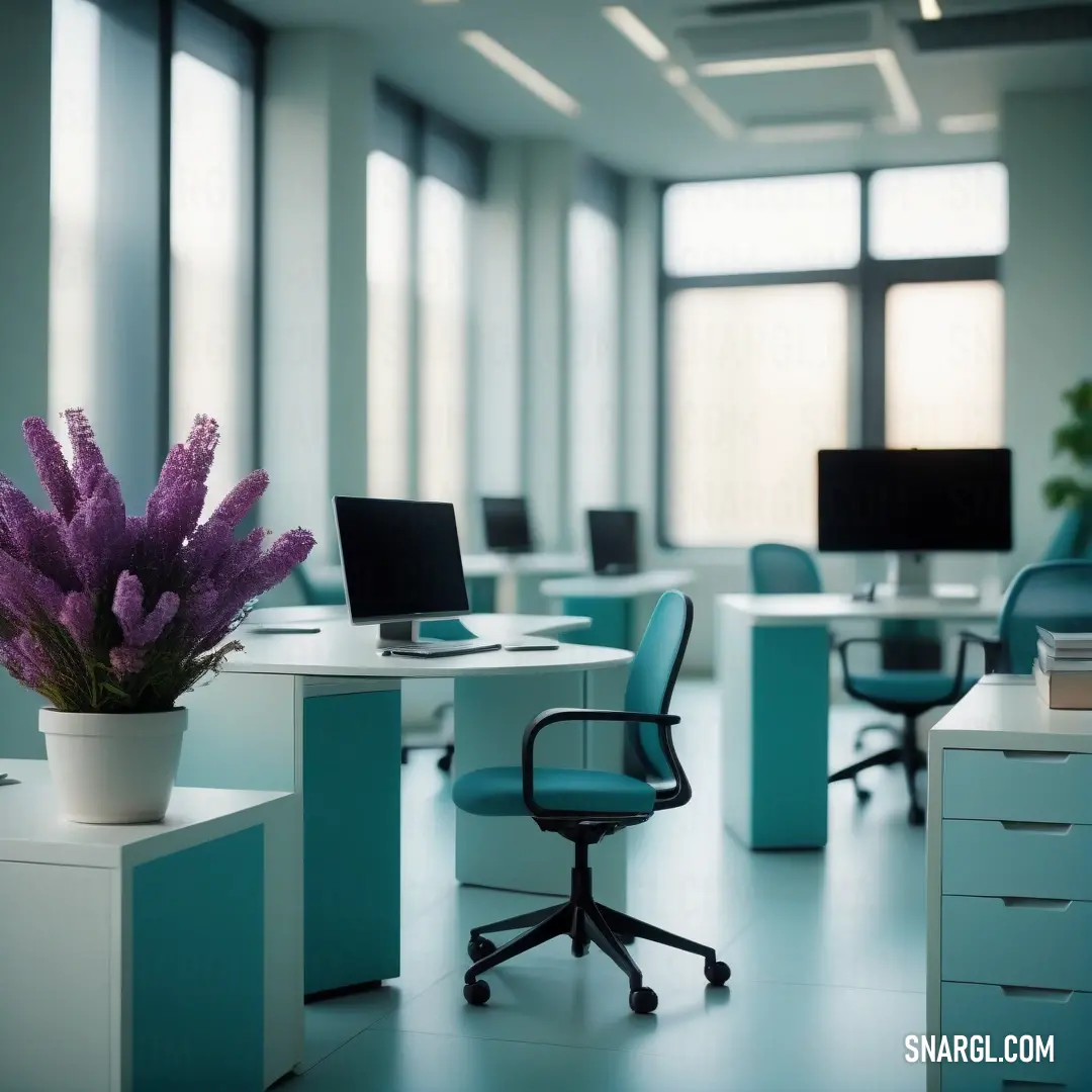 Room with a desk, chairs and a potted plant in it. Example of #367588 color.