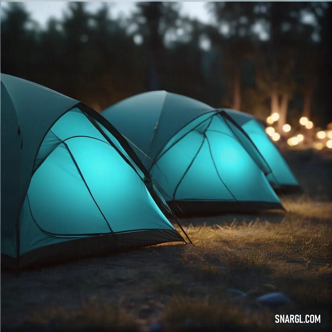Teal blue color. Group of tents in the grass at night with lights on them and a person standing near them