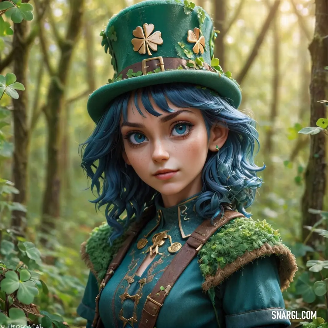 Teal blue color example: Woman in a green hat and green outfit in the woods with trees and leaves around her head and a green hat