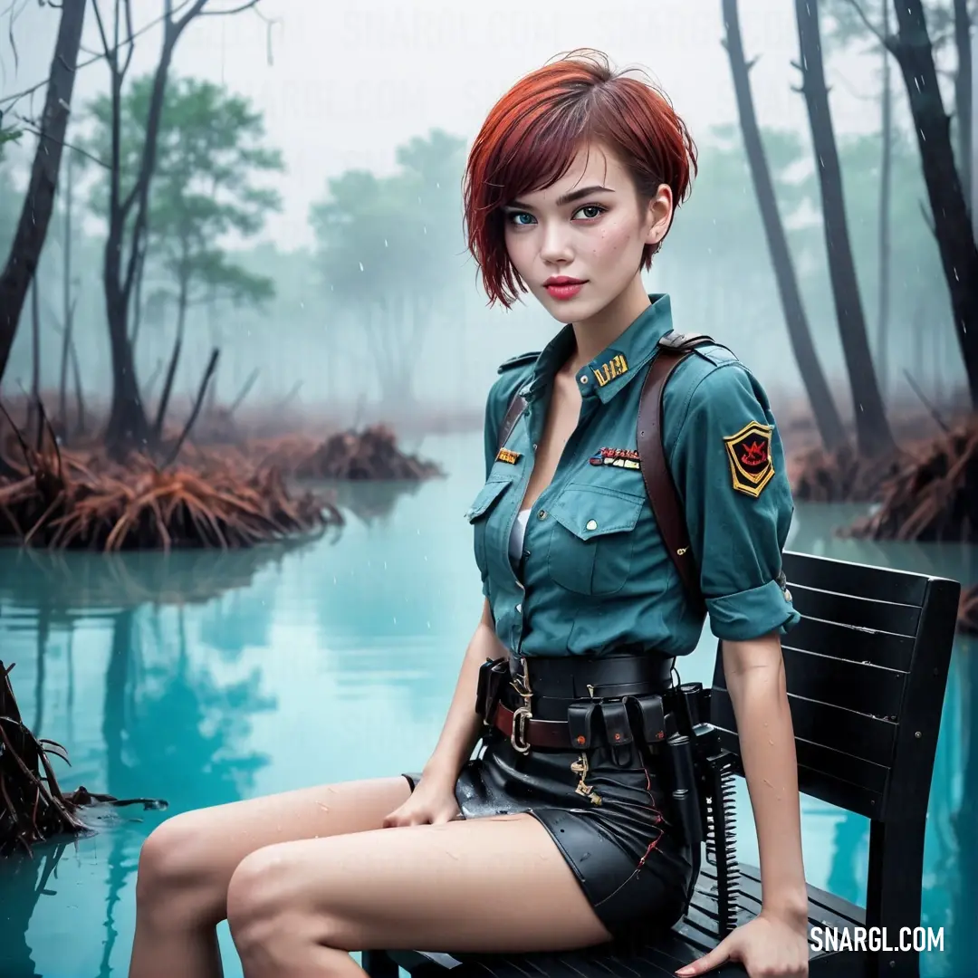 Teal blue color. Woman in uniform on a bench in a swampy area with trees and water in the background