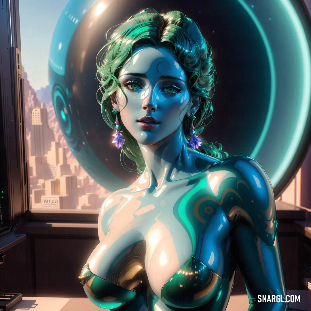 Woman with green hair and a futuristic suit standing in front of a window with a city in the background