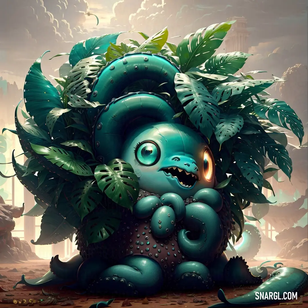 Blue monster in a plant filled with leaves and plants
