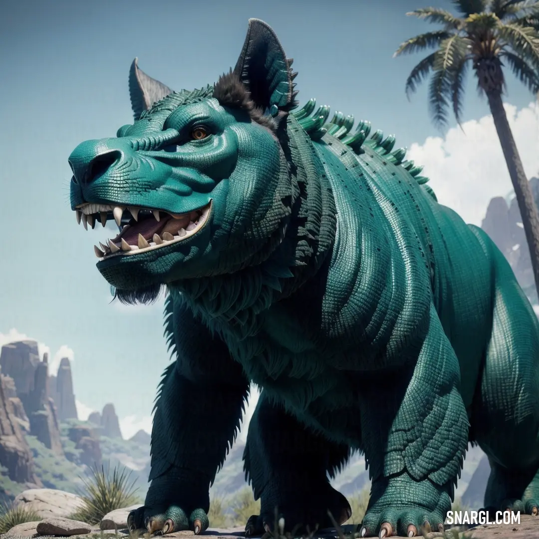 Green monster with large teeth and sharp teeth standing in front of a mountain range with palm trees and a blue sky