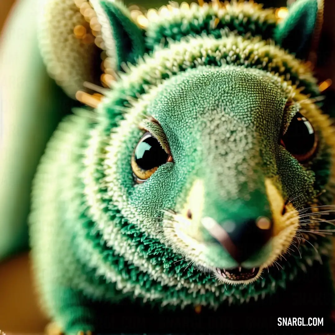 Green stuffed animal with a surprised look on its face and eyes