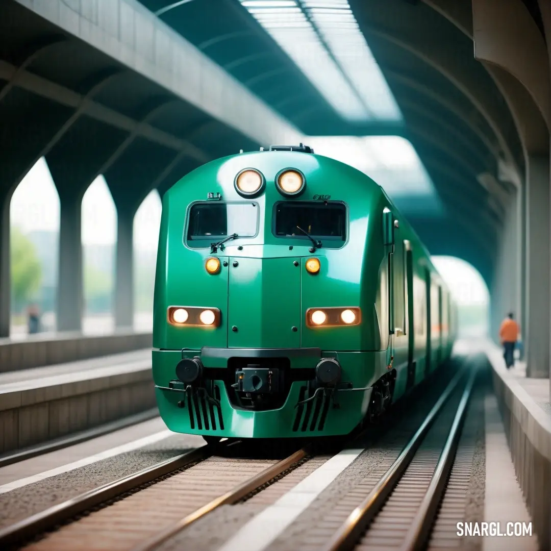 Green train is coming down the tracks in a tunnel with people walking on the side of it. Color Teal green.