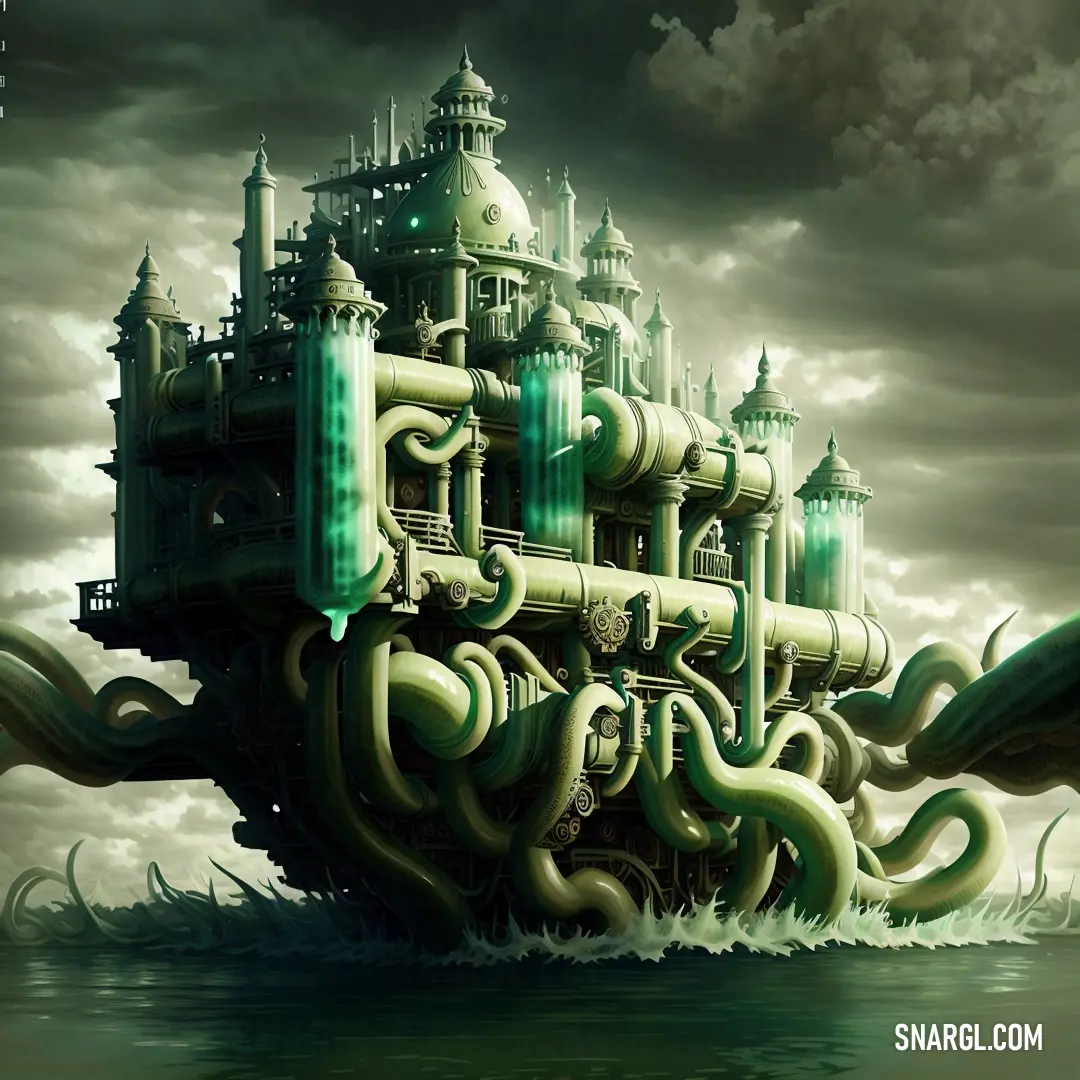 Large building with a giant octopus in the water near it's shore and a giant pipe sticking out of the water
