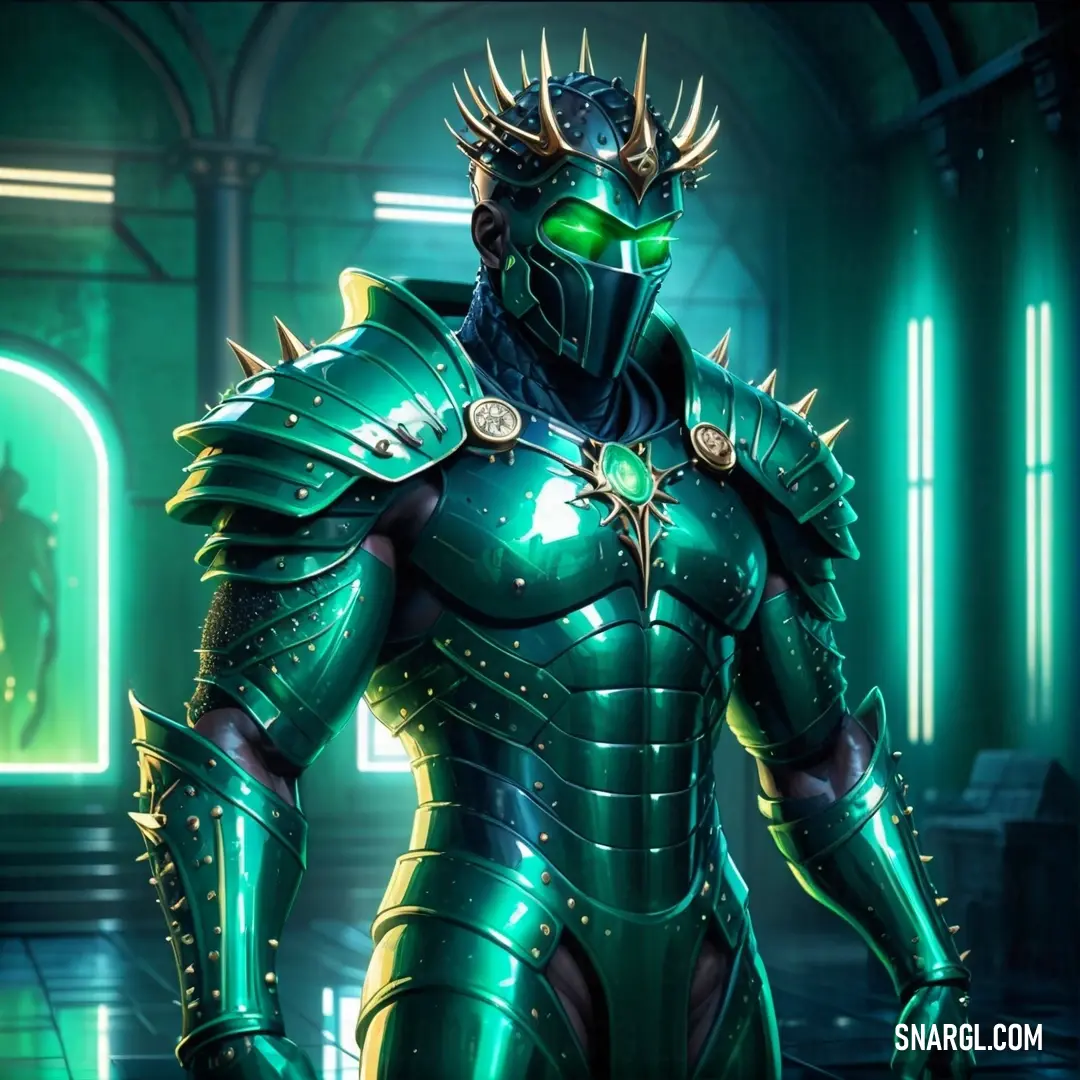 Man in a green armor standing in a room with a green light behind him. Example of Teal green color.
