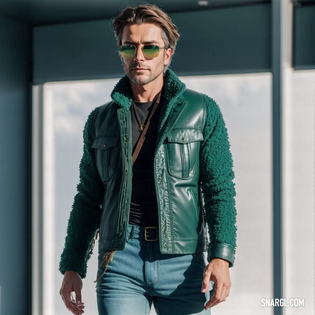 Man in a green jacket and sunglasses walking down a street with a suitcase in his hand