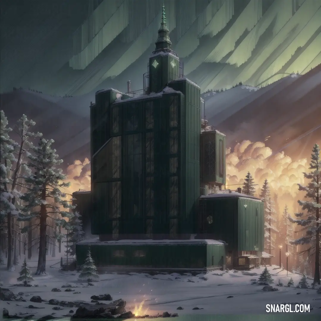 Painting of a building in the middle of a snowy forest with a sky background and a green tower