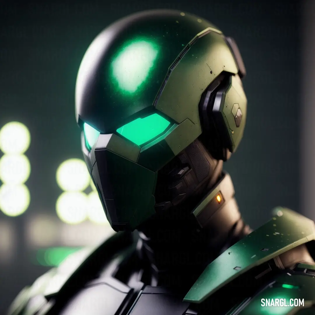 Robot with green eyes and a green helmet on a dark background with a green light on its face