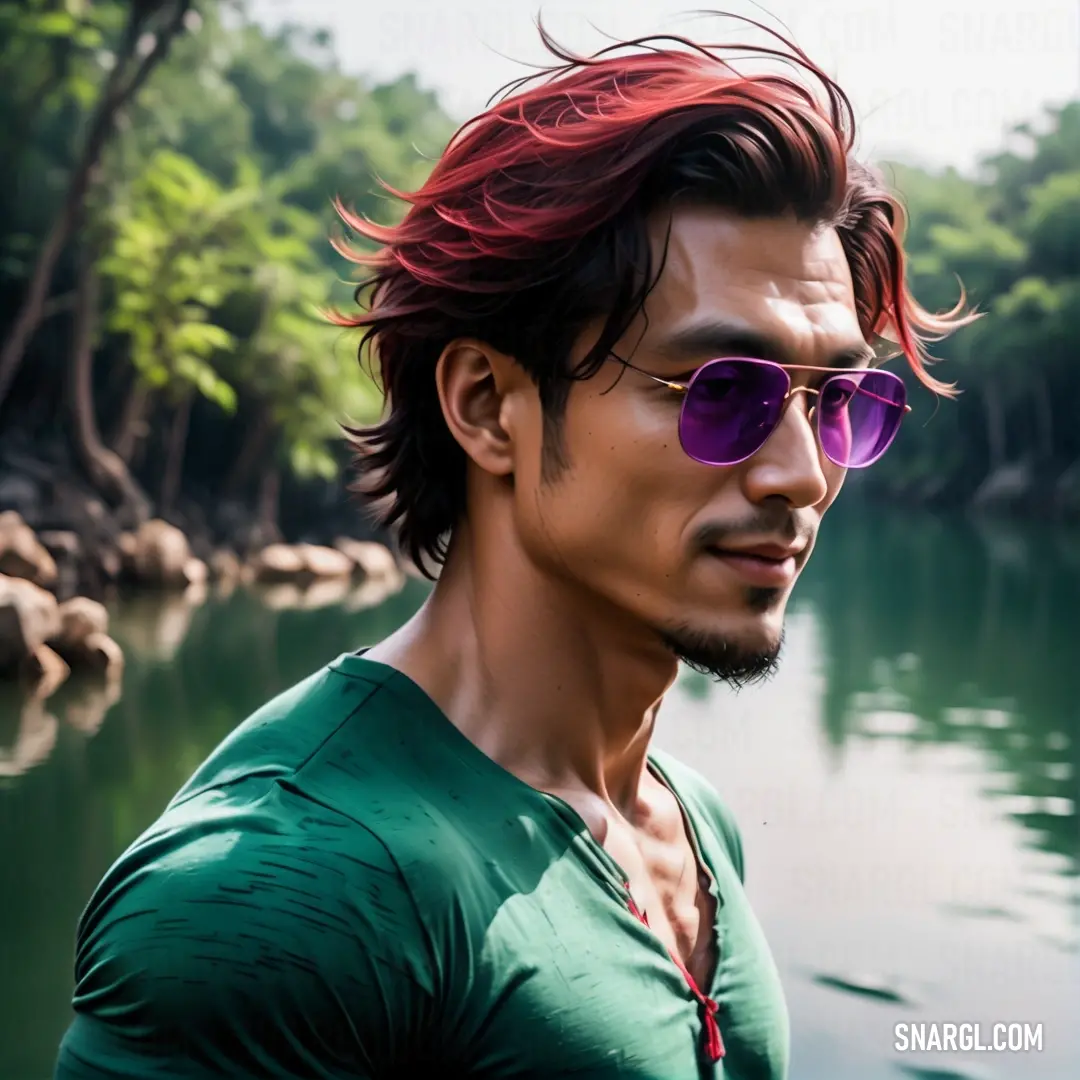 Man with red hair and sunglasses standing in front of a lake with trees and rocks in the background. Example of CMYK 100,0,17,57 color.