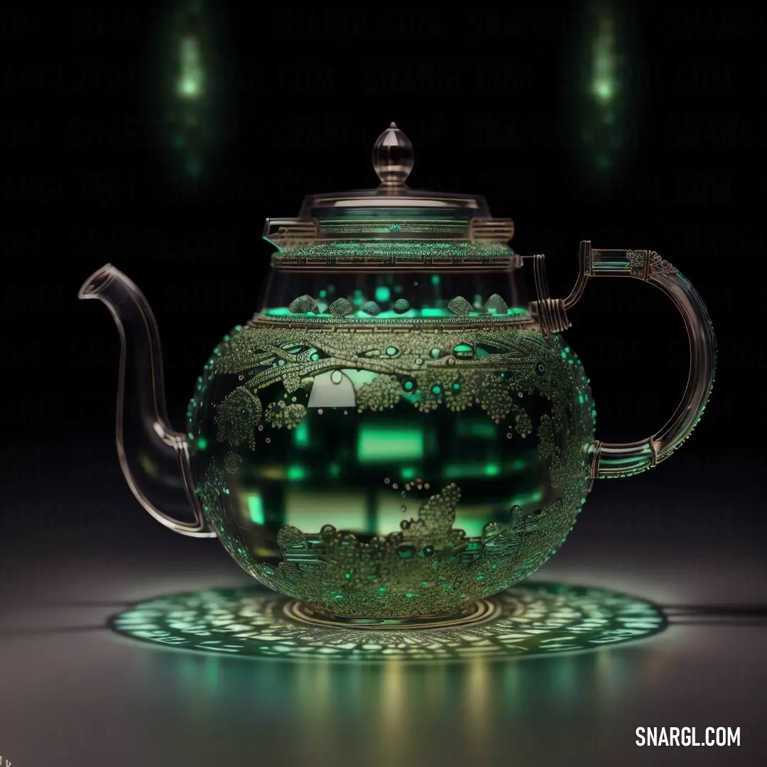 Teapot with a green glow on it's side and a black background with a circular design