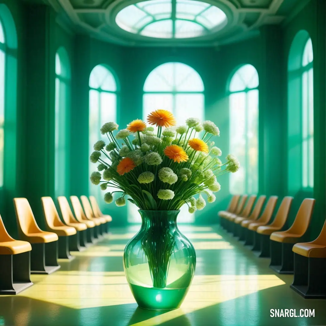 Vase with flowers in it on a table in a room with chairs and windows in the background. Example of CMYK 100,0,17,57 color.