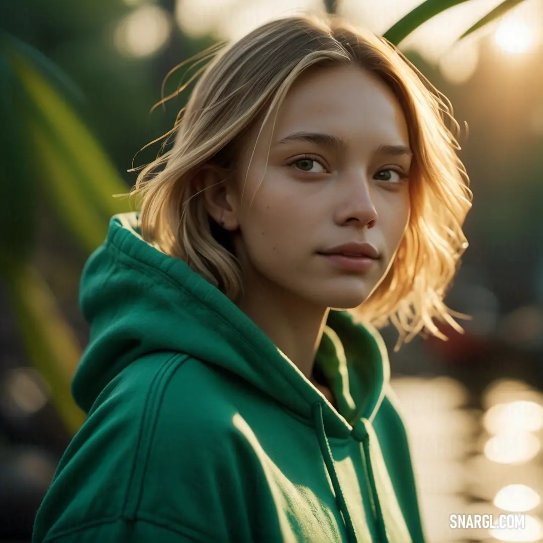 Teal green color example: Woman in a green hoodie is staring at the camera with a plant in the background