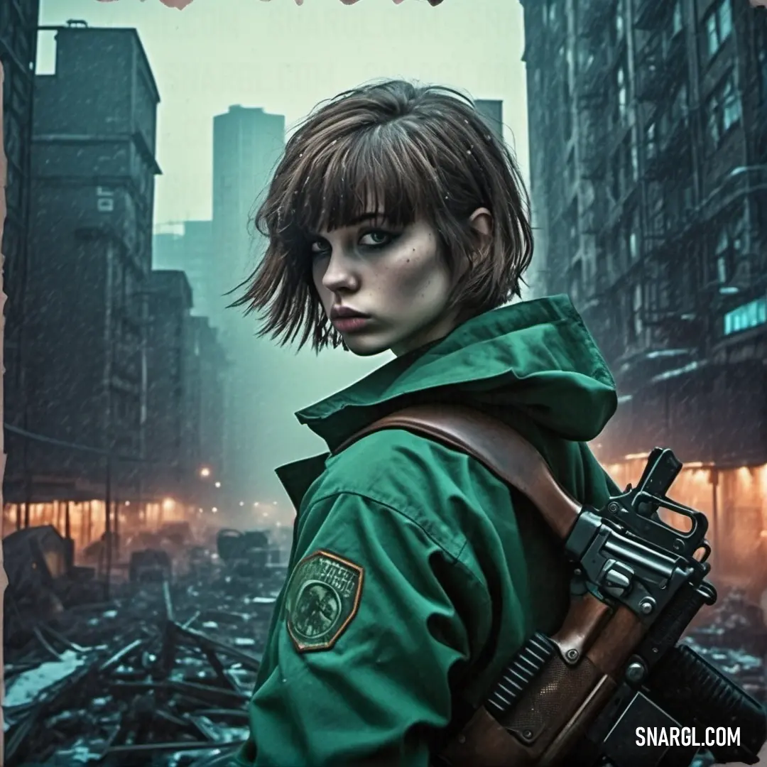 Teal green color example: Woman in a green jacket holding a gun in a city street with buildings and debris all around her