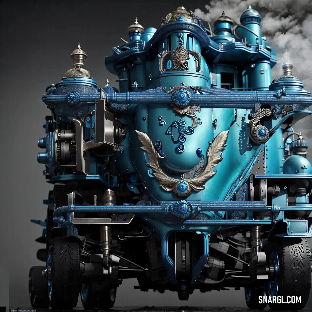 Blue train engine with steam coming out of it's engine and a bird on the front of it