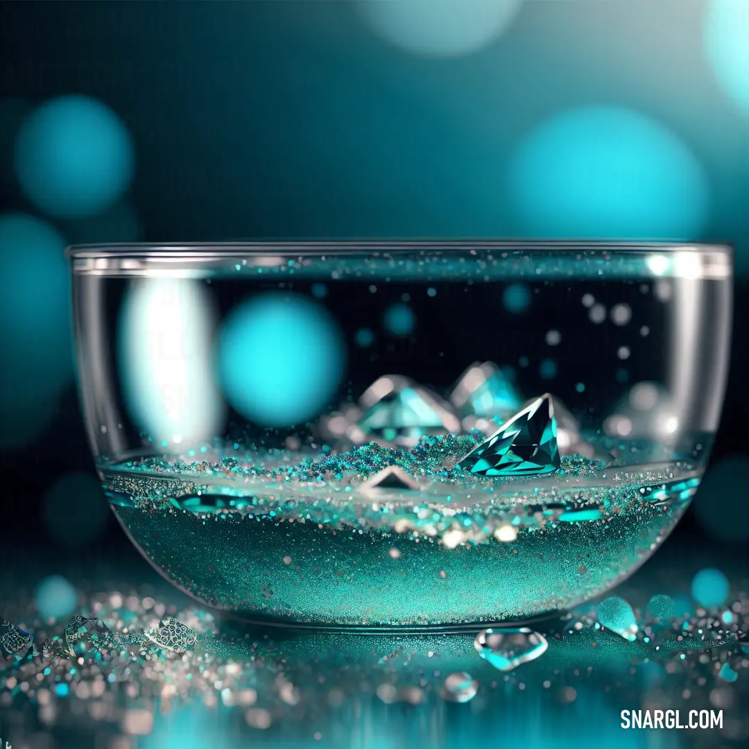 Glass bowl filled with liquid on top of a table next to a blue background with bubbles and a small diamond