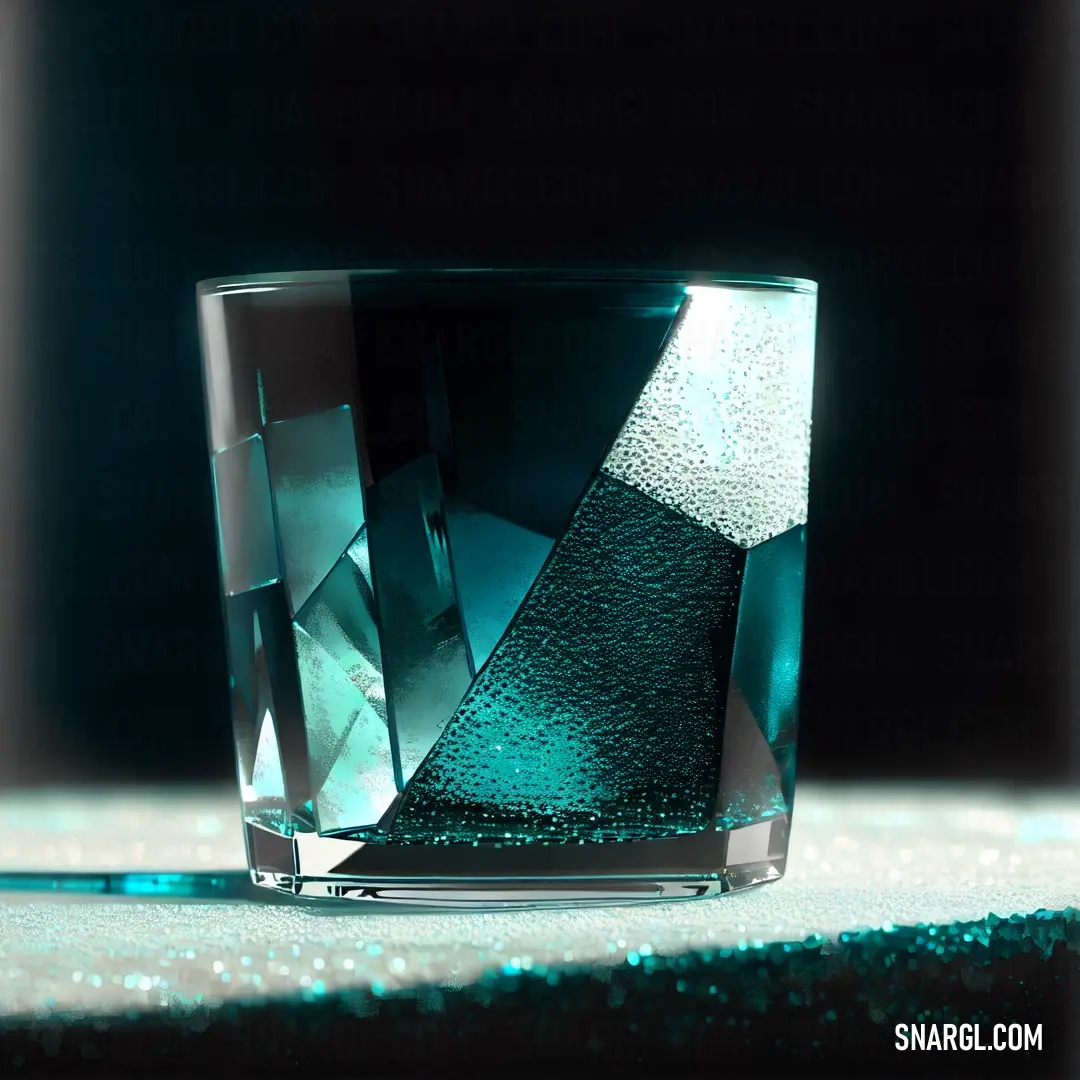 Glass with some liquid inside of it on a table top with a black background and a green and white design