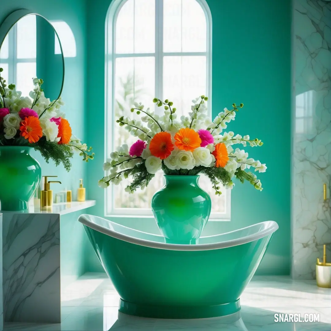 Green tub with a green vase with flowers in it and a mirror behind it with a window behind it. Color RGB 0,128,128.