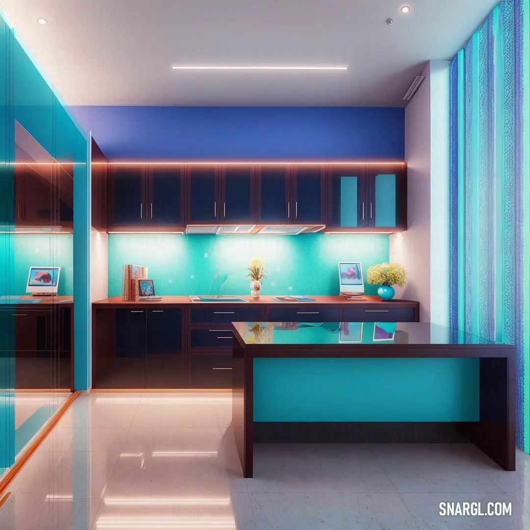 Kitchen with a blue counter top and a blue wall behind it and a blue curtained wall behind it. Color #008080.