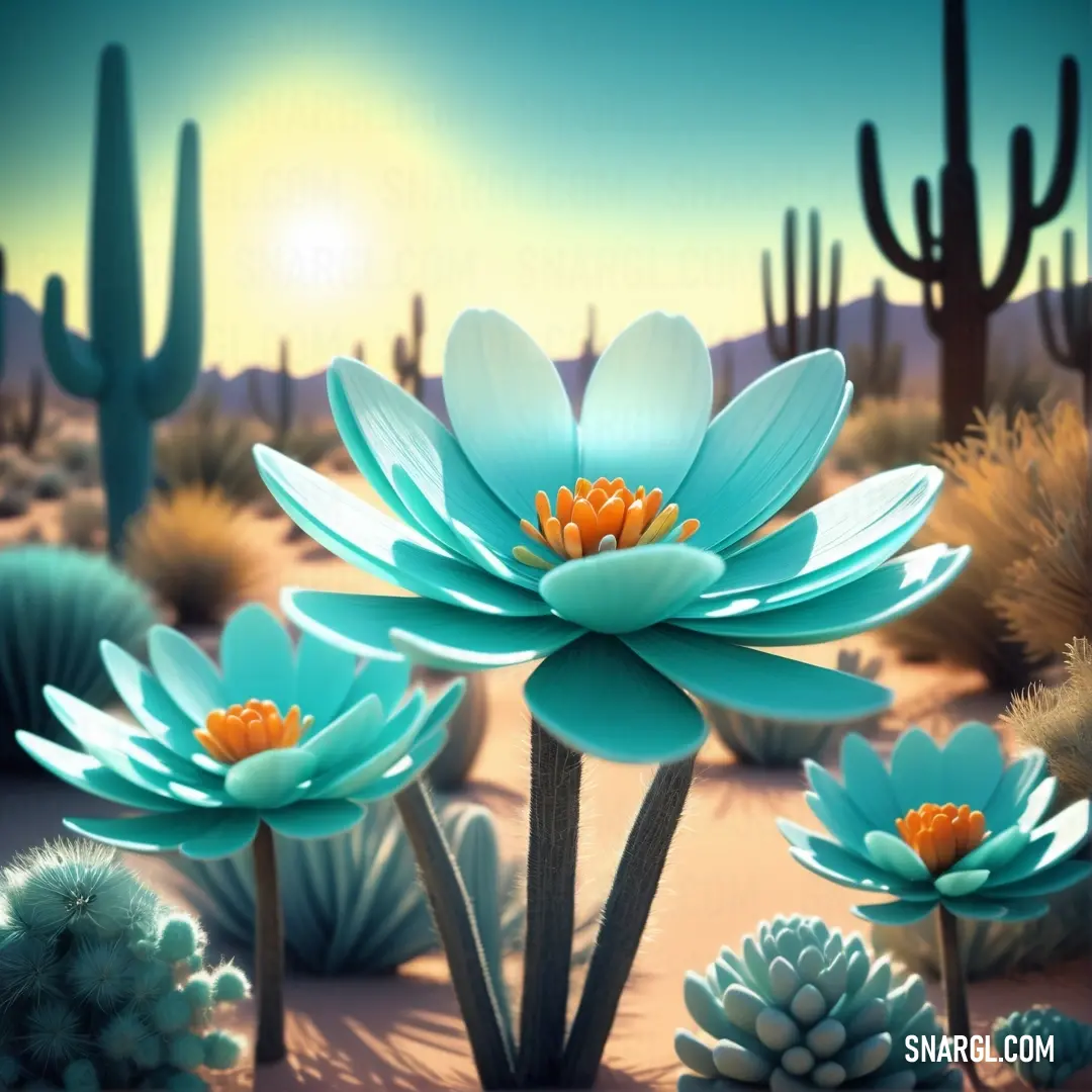 Painting of a cactus with a flower in the middle of it and a sun in the background with a sky