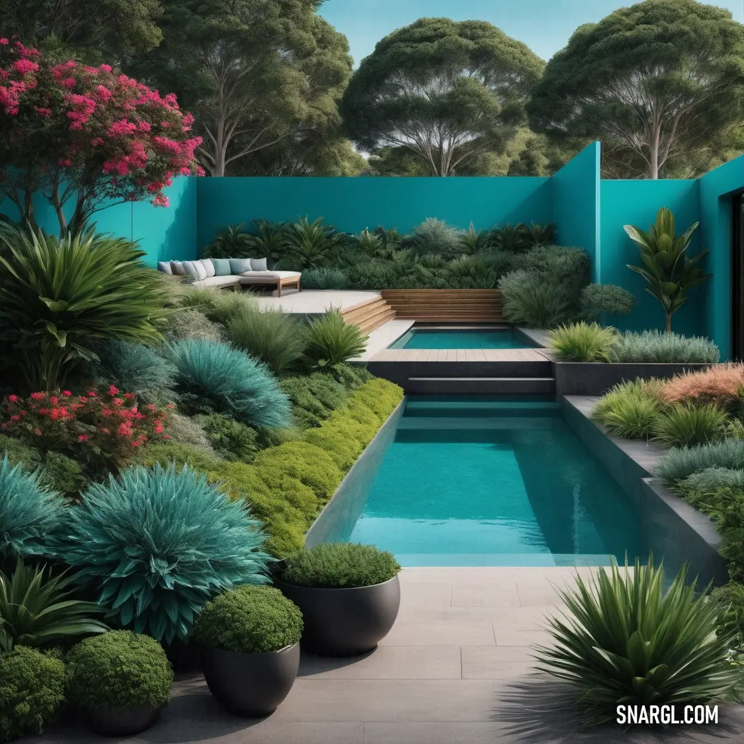 Pool surrounded by plants and trees in a garden area with a blue wall and a bench on the side. Example of Teal color.