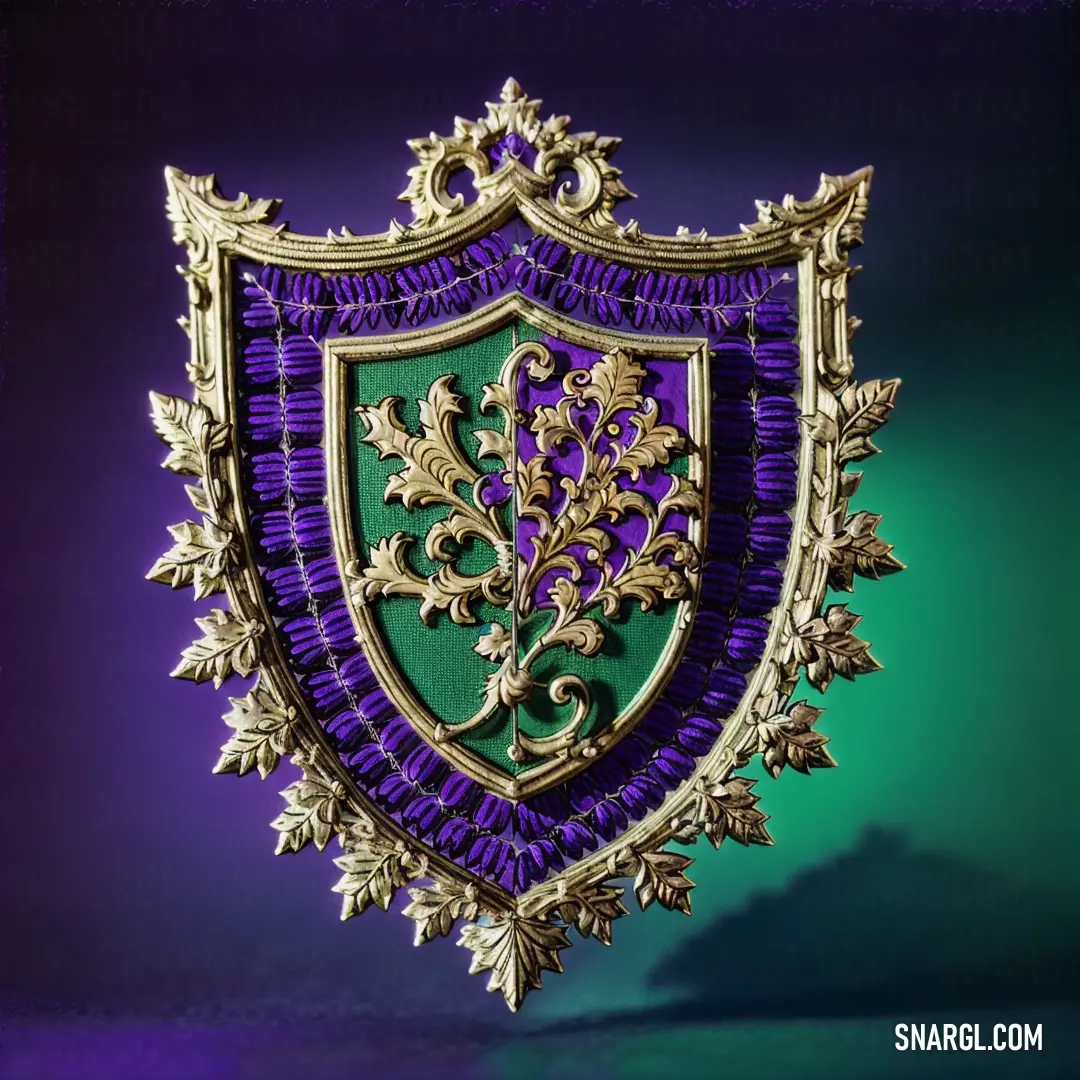Purple and green shield with a gold leaf design on it's side and a green background behind it