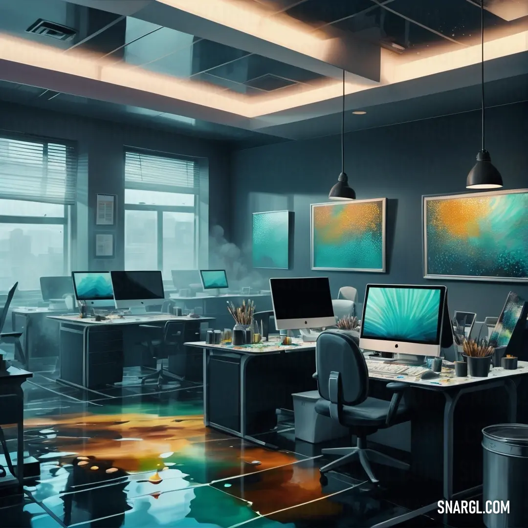 Room with a lot of computers on the desks and a lot of windows on the wall and ceiling. Example of Teal color.