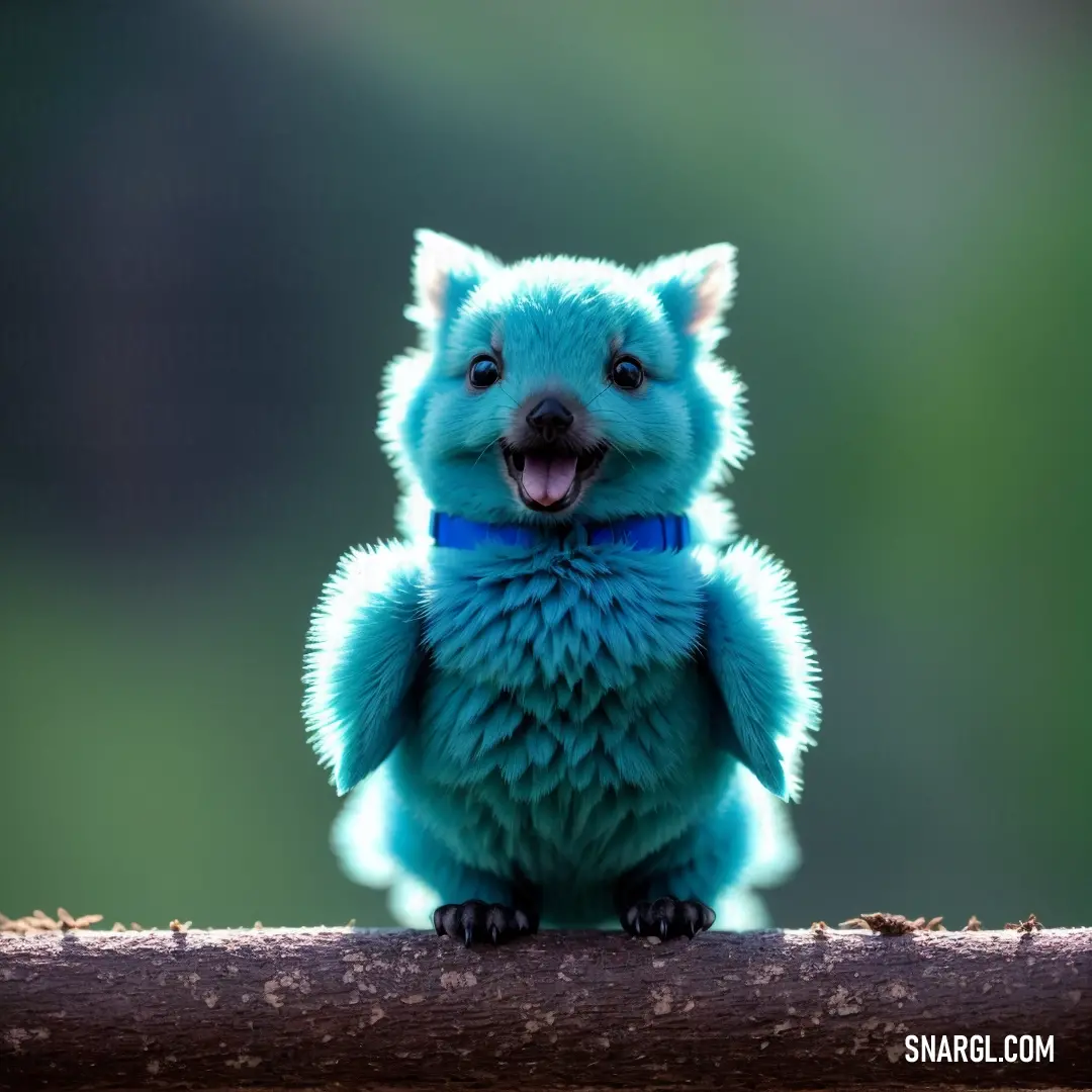 Small blue animal on top of a wooden branch with its mouth open