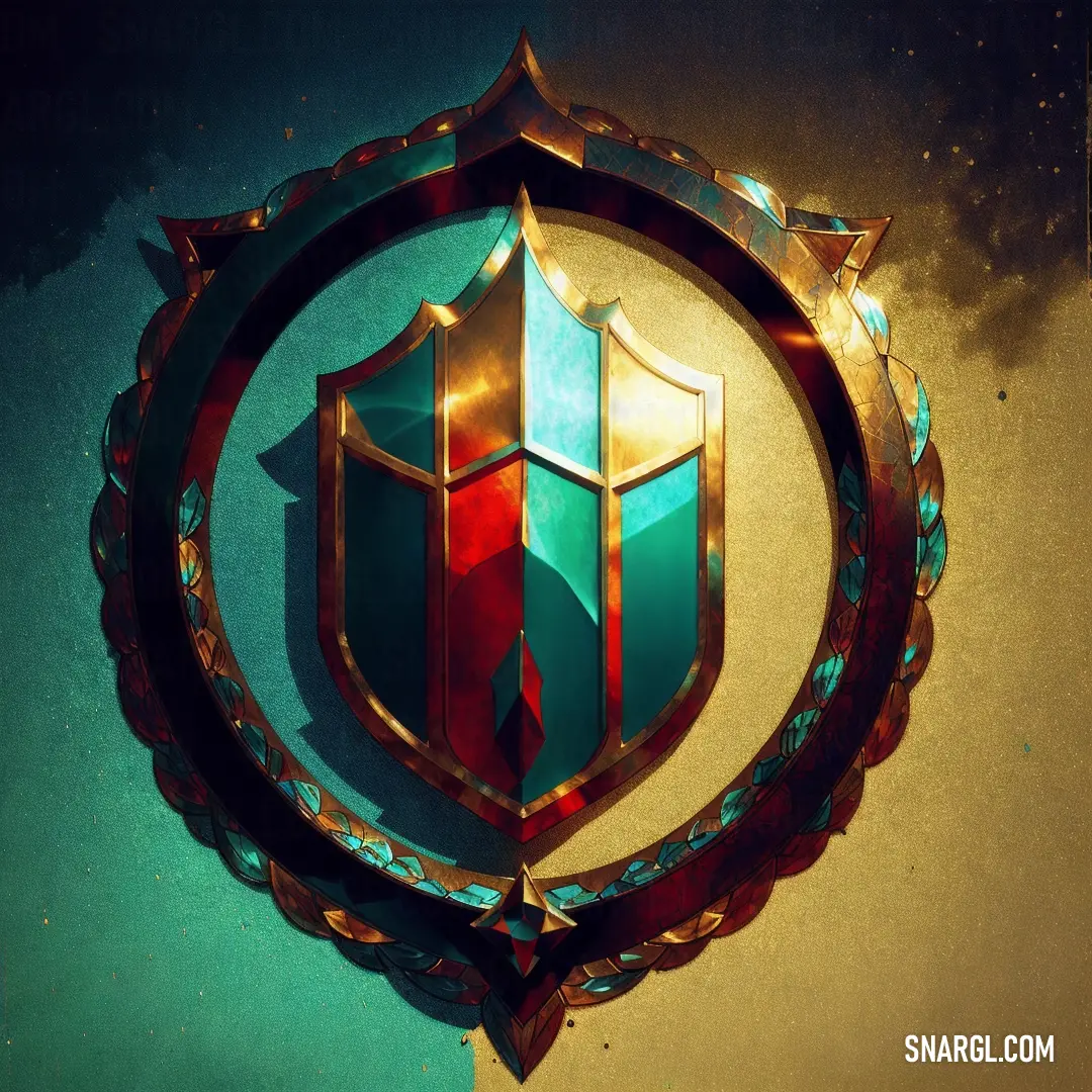 Stylized shield with a star on it in a circle with a blue background and a gold border around it