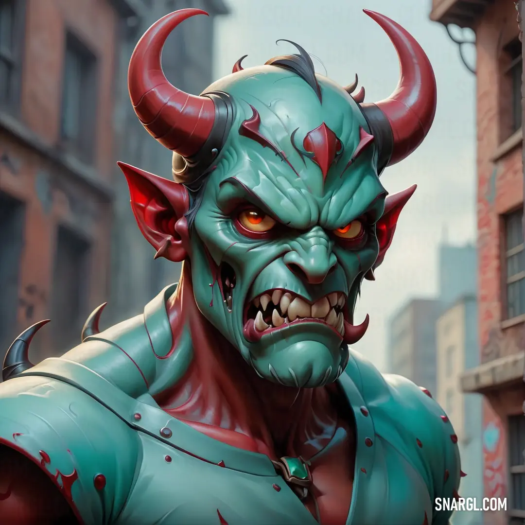 Close up of a demon with red horns and horns on his face and a green body suit. Example of RGB 0,128,128 color.