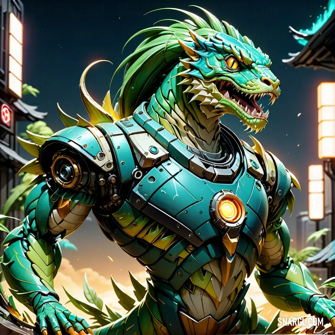 Green and yellow dragon with a helmet on and a building in the background. Color Teal.