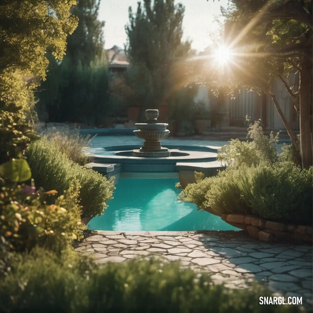 Pool surrounded by a garden with a fountain in the middle of it. Example of RGB 0,128,128 color.